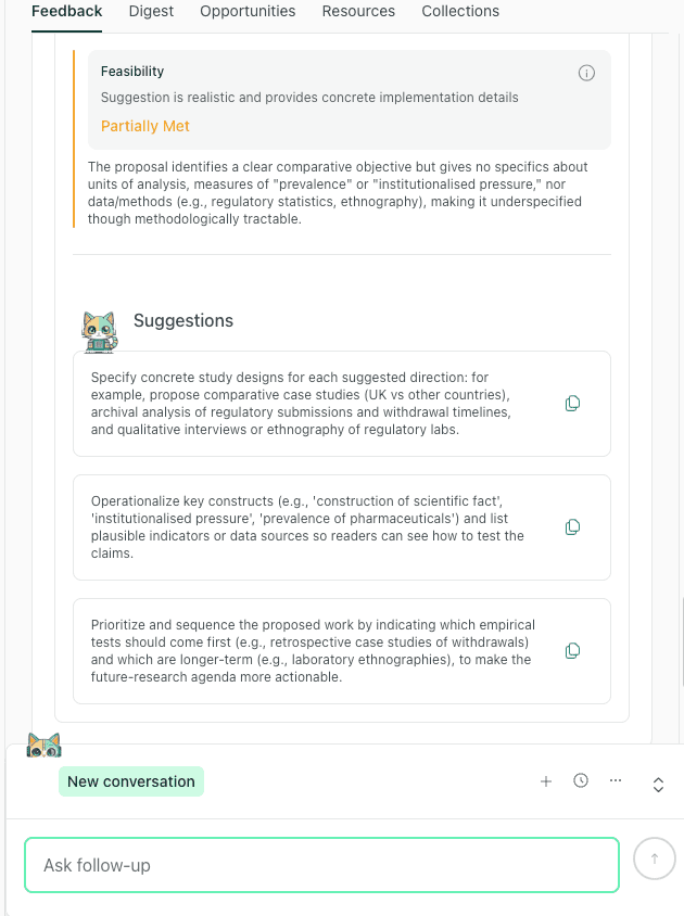 thesify feedback on feasibility of future research suggestions asking for concrete designs