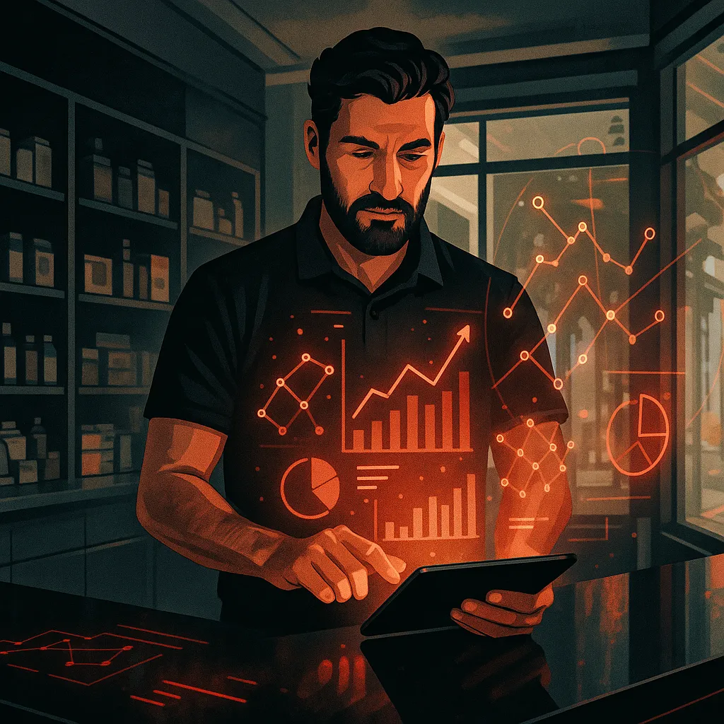 Man analyzing digital marketing data on tablet; RockN' Socials agency.