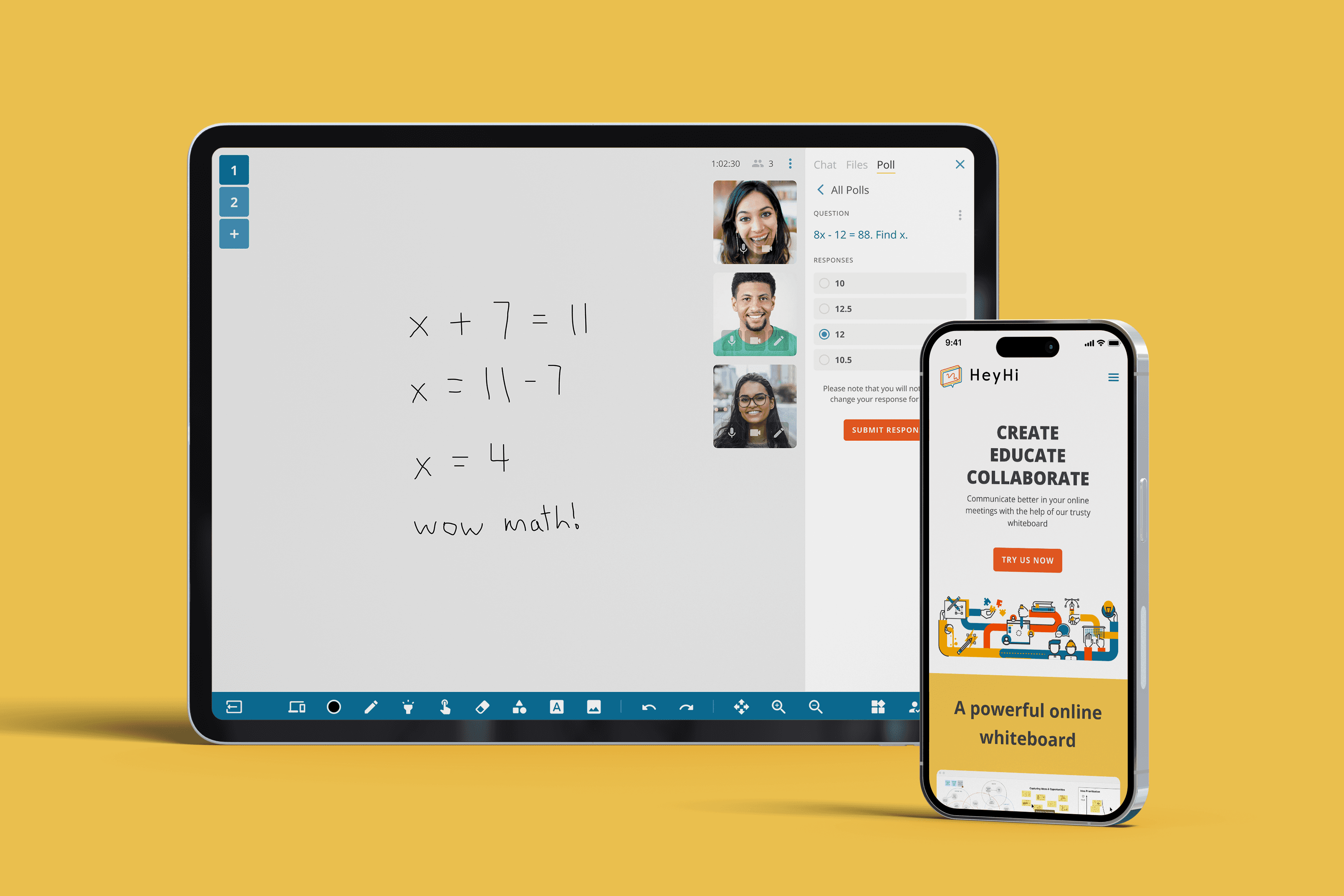 A tablet and phone screen showing HeyHi's website and whiteboard feature