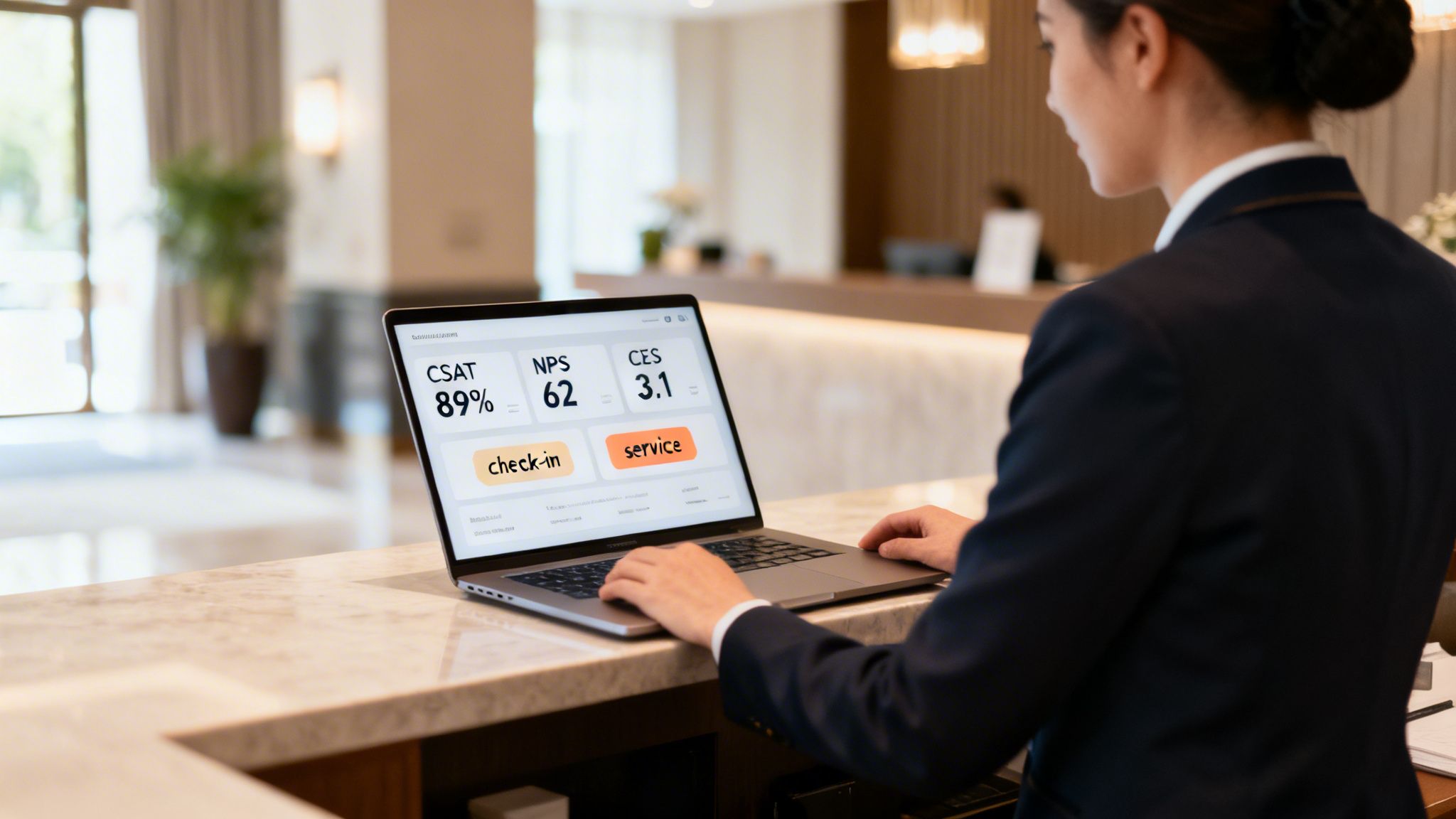 A hotel receptionist views customer feedback data on a laptop, including CSAT, NPS, and CES scores.