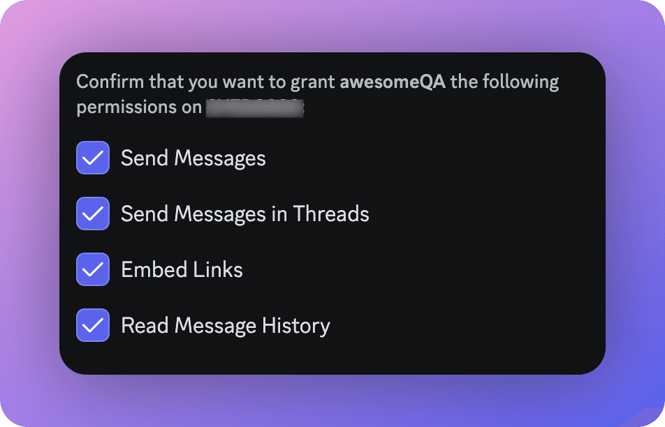 An example of the Discord permissions that are needed for the AwesomeQA Discord AI Bot to function properly.