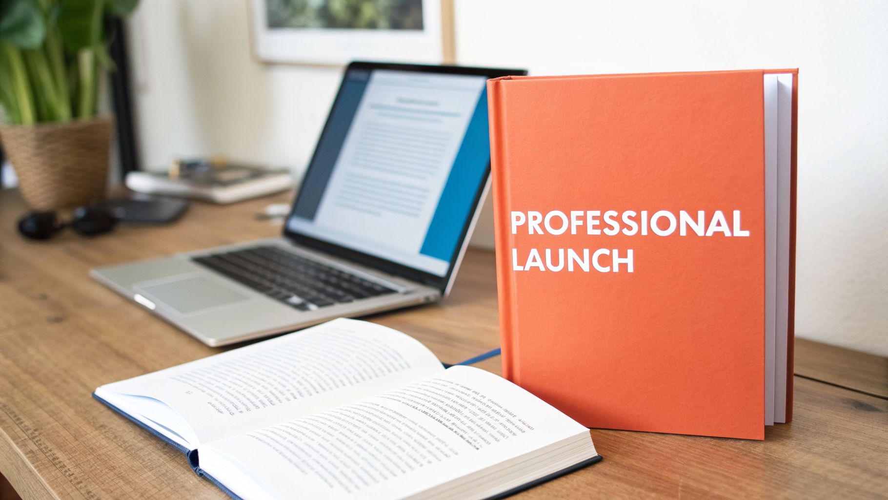 A professional workspace featuring a laptop, an open book, and an orange book titled