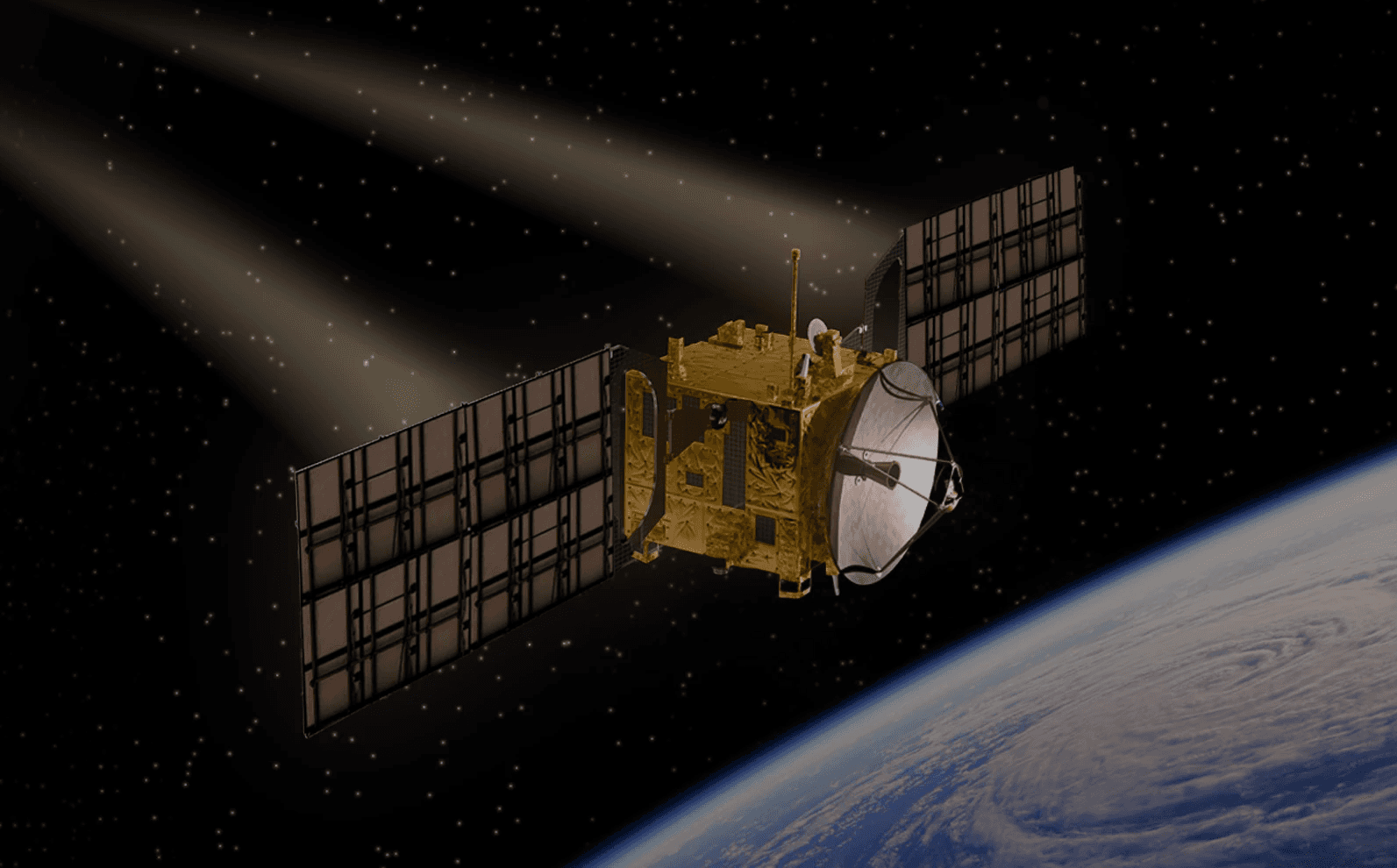 Remote sensing satellite receiving additional power from beams of concentrated and refined light coming from an off-screen Star Catcher Power Node