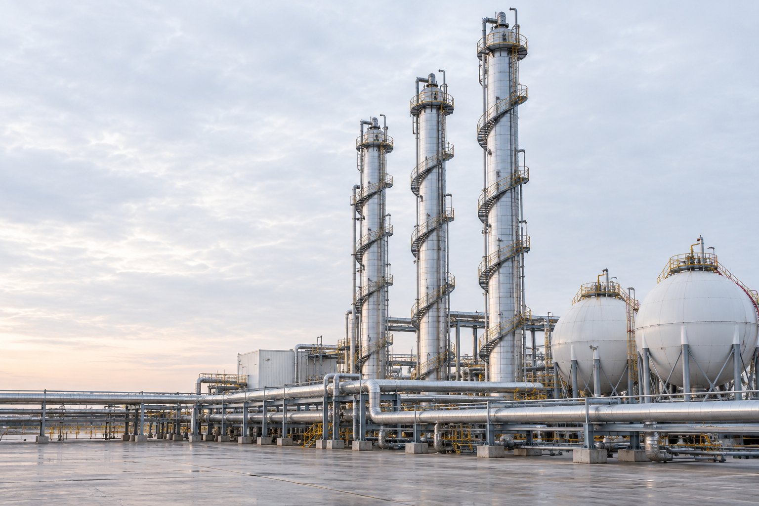Industrial chemical plant with process columns and storage tanks