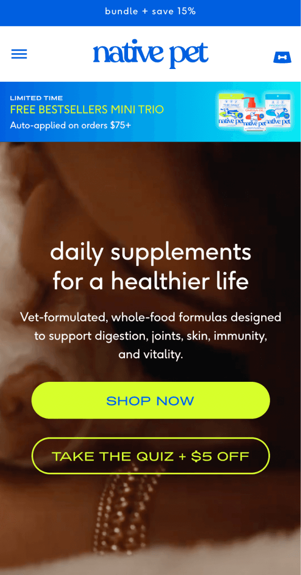 Mobile homepage for Native Pet promoting daily dog supplement use
