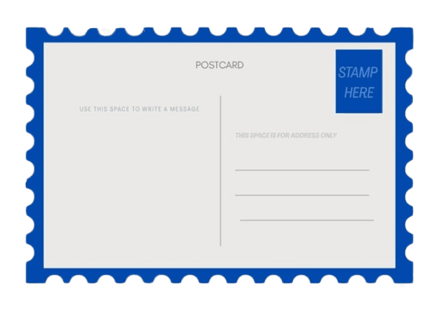 Creative writing sample represented by a blue-bordered postcard