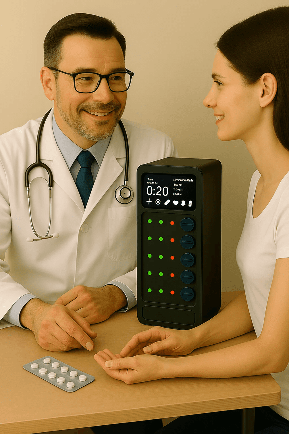 Professionista sanitario spiega l’aderenza terapeutica con dispenser