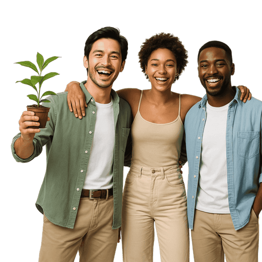 Three diverse colleagues smiling together, symbolizing teamwork, growth and wellbeing in the workplace.