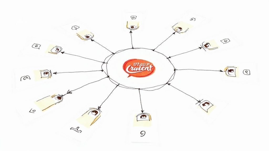 Mind map illustrating 'Cratent' content repurposing, with a central idea expanding to diverse content forms.