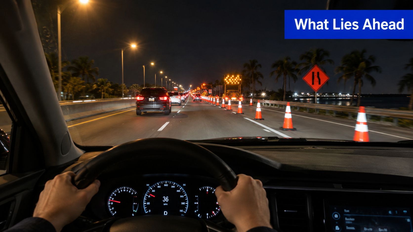A driver perspective at night approaching a lane closure with traffic cones on a Florida road.