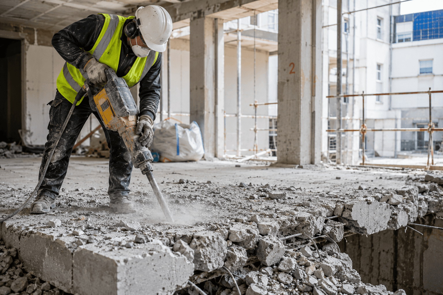Démolition d’une dalle en béton avec marteau-piqueur