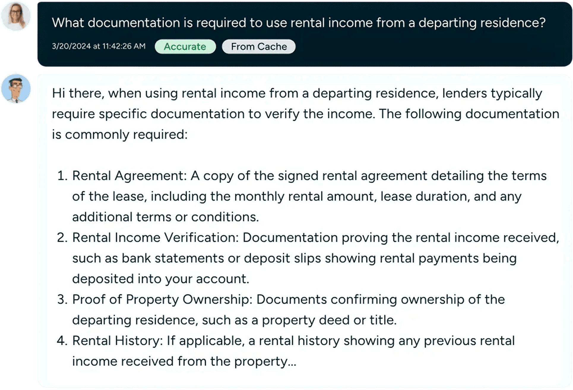 Conversation view with an AI agent about rental income documentation requirements
