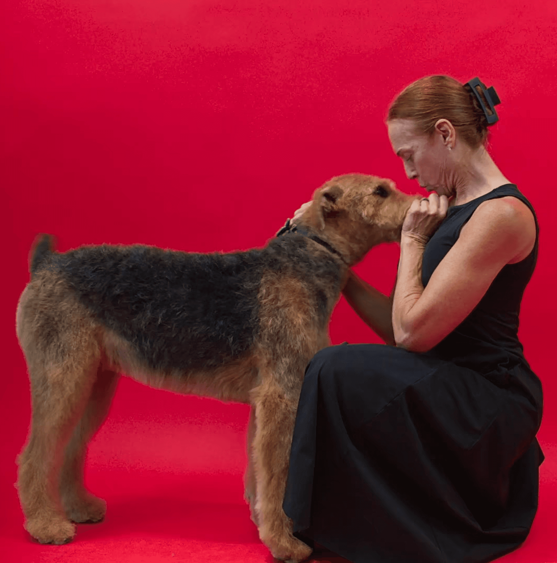Portrait of a woman hugging her large groomed dog to convey warmth, trust, and happiness after a grooming session.