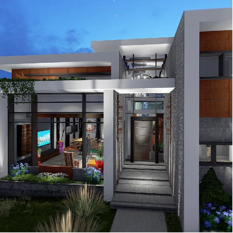 International version of arizona Mid Century Modern house front entry.