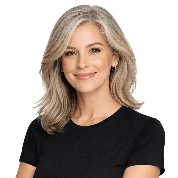 Smiling person with long, wavy blonde hair wearing a black shirt, against a plain background.