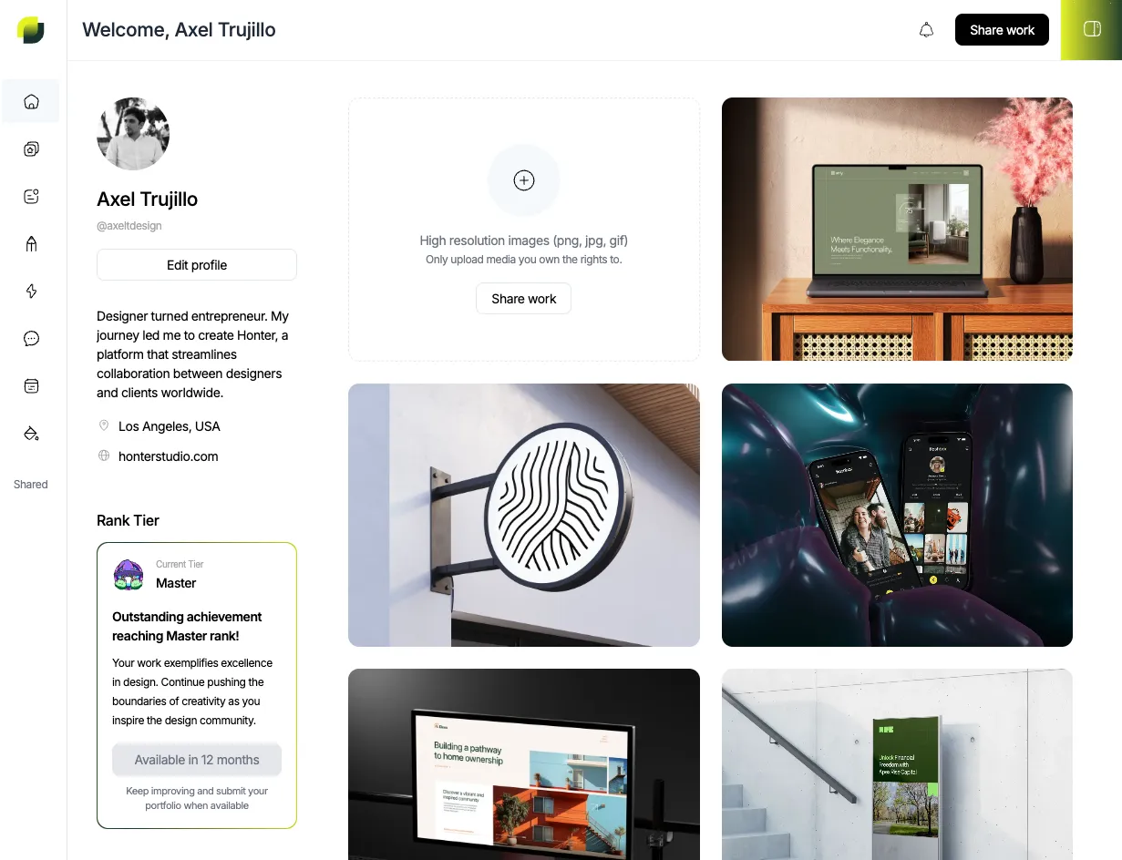 Vista pública del perfil de diseñador con portafolio rankeado y logros destacados