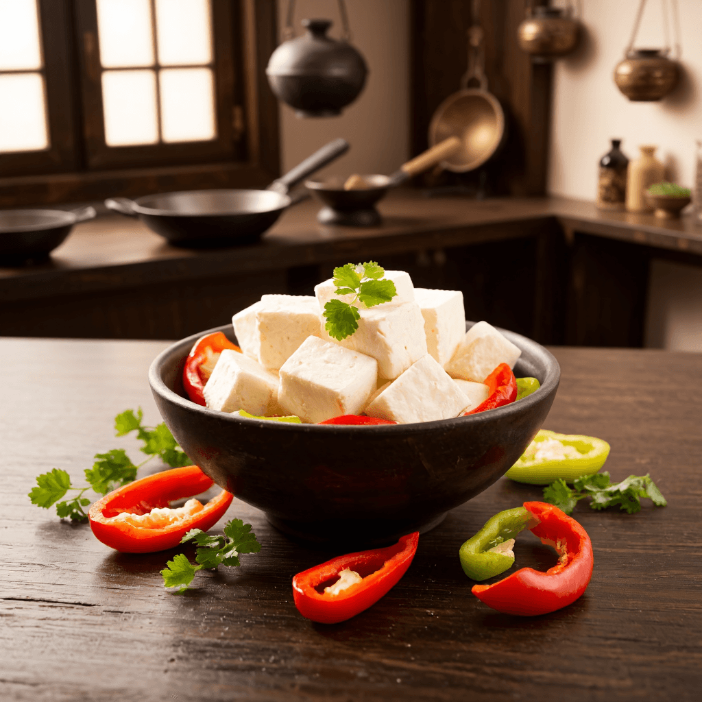 product photography of a bowl of soft tofu with sliced peppers for garnish