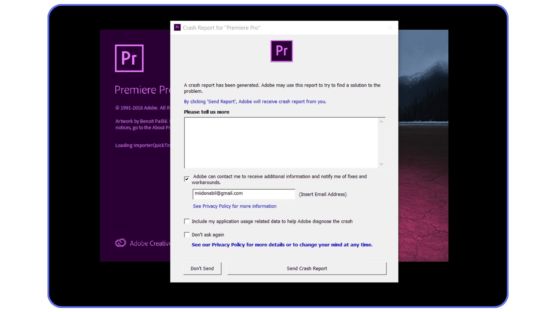 Adobe Premiere Pro crash report triggered during heavy color grading workflow