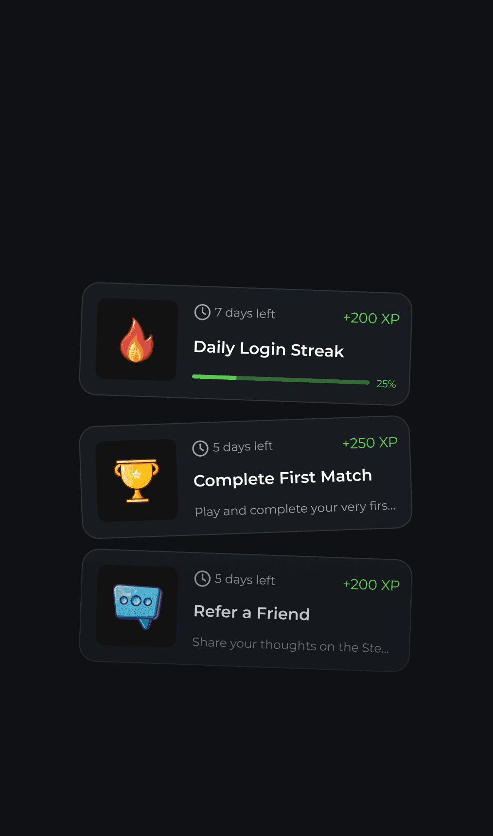Enable3 mission cards displaying daily login streak, first match completion, and referral tasks with XP rewards