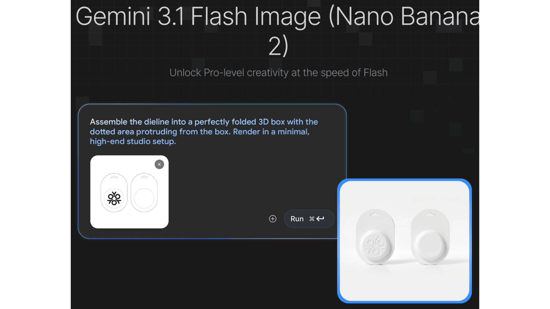 Nano Banana 2 (Gemini 3.1 Flash Image) product render example: minimal high-end studio mockup of a folded 3D package