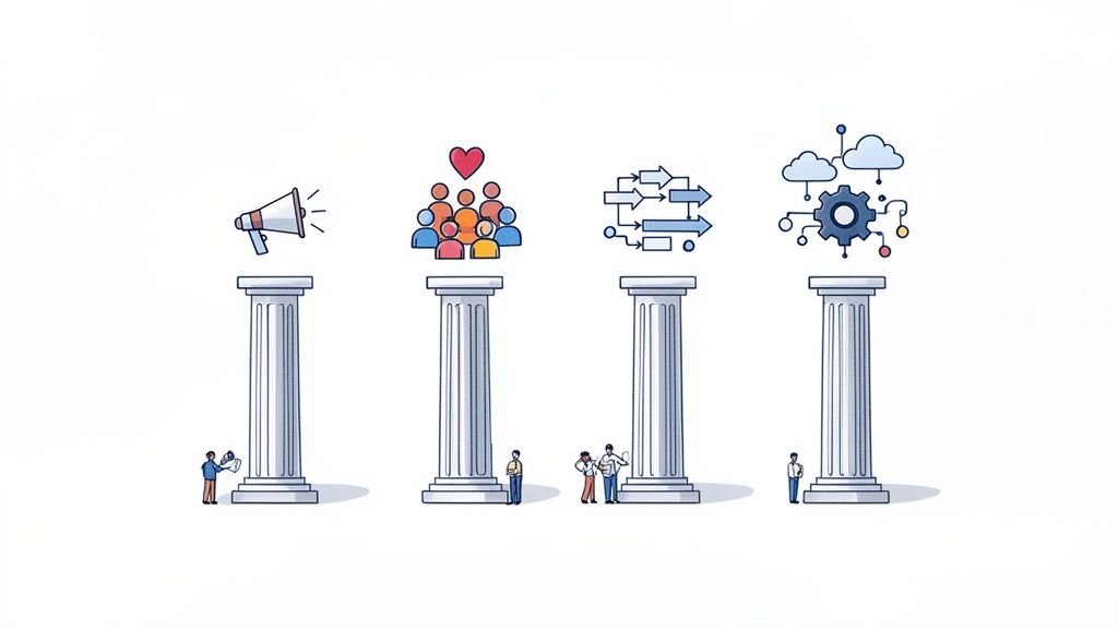 Four pillars illustrate foundational elements of digital transformation: communication, people, processes, and technology.