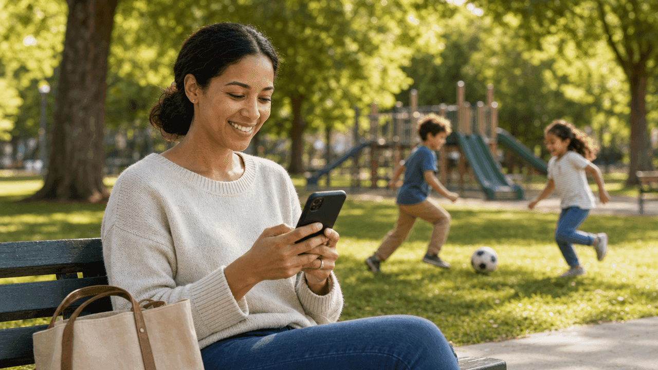 mother texting while sitting in a park her kids are playing soccer in the background