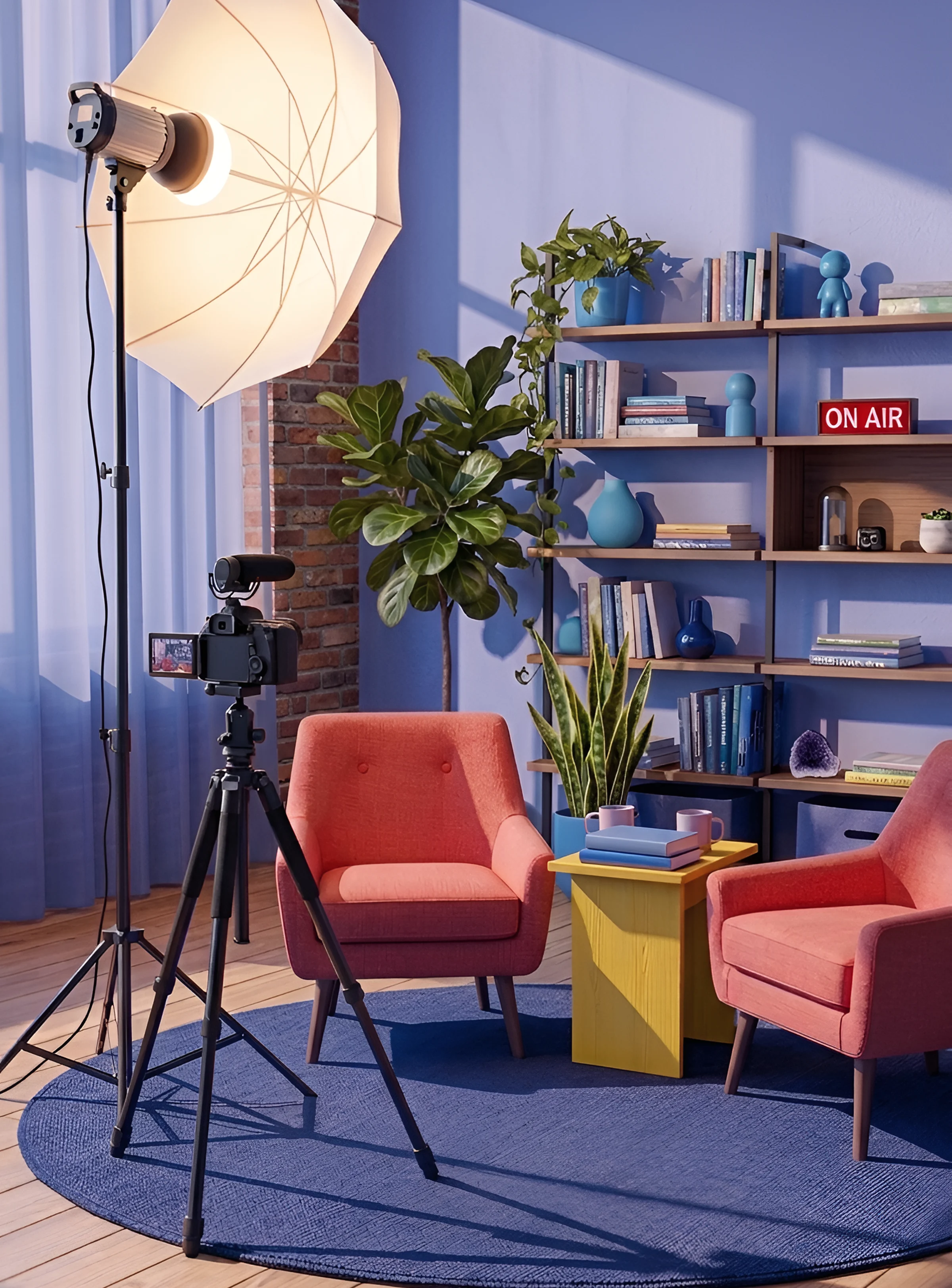 Softbox light and camera on a tripod in a styled room with a bookshelf and two orange chairs