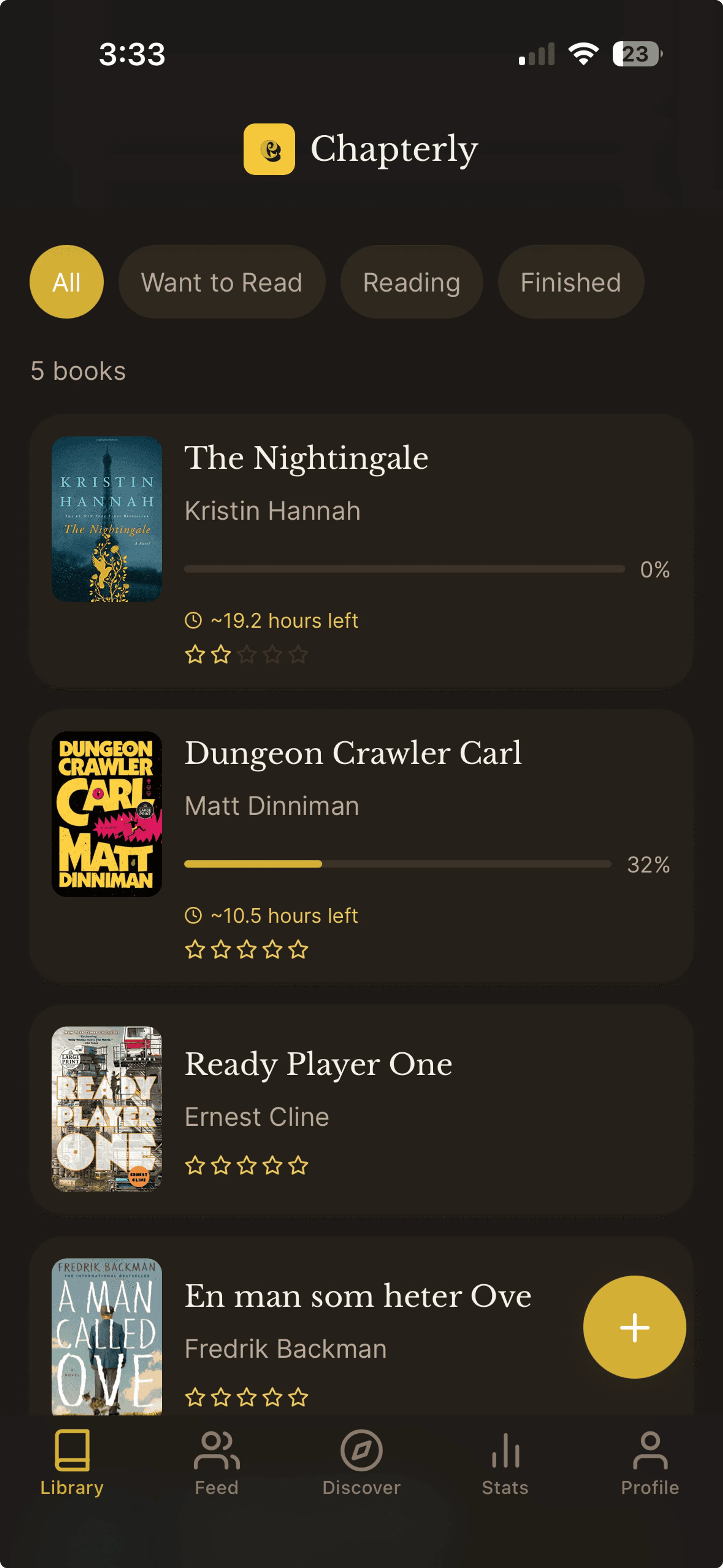 Chapterly app on a modern smartphone with a dark-themed interface, showcasing a clean, minimalist design against a crisp white background with soft shadows.
