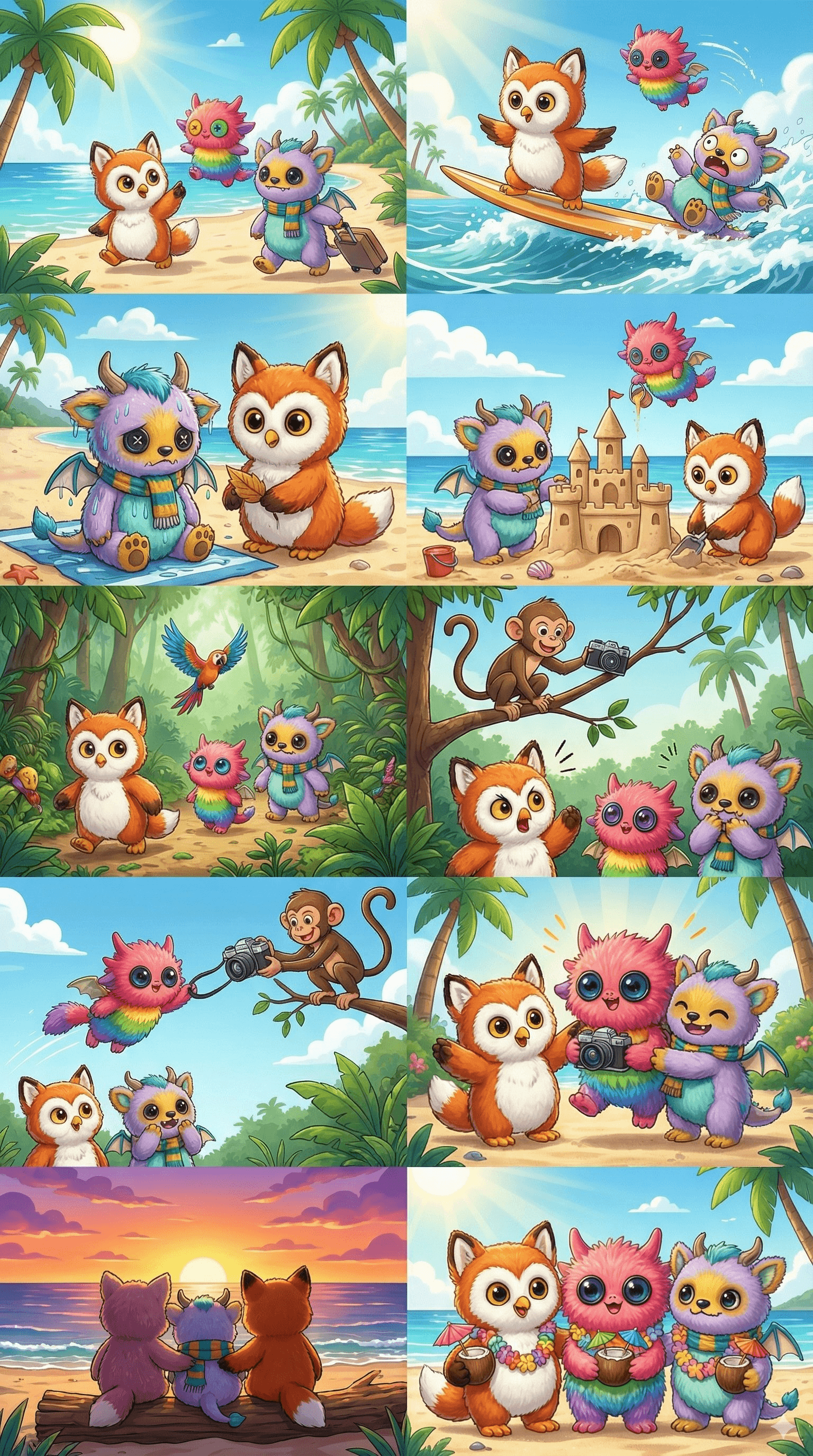Create a funny 10-part story with these 3 fluffy friends going on a tropical vacation. The story is thrilling throughout with emotional highs and lows and ends in a happy moment. Keep the attire and identity consistent for all 3 characters, but their expressions and angles should vary throughout all 10 images. Make sure to only have one of each character in each image.