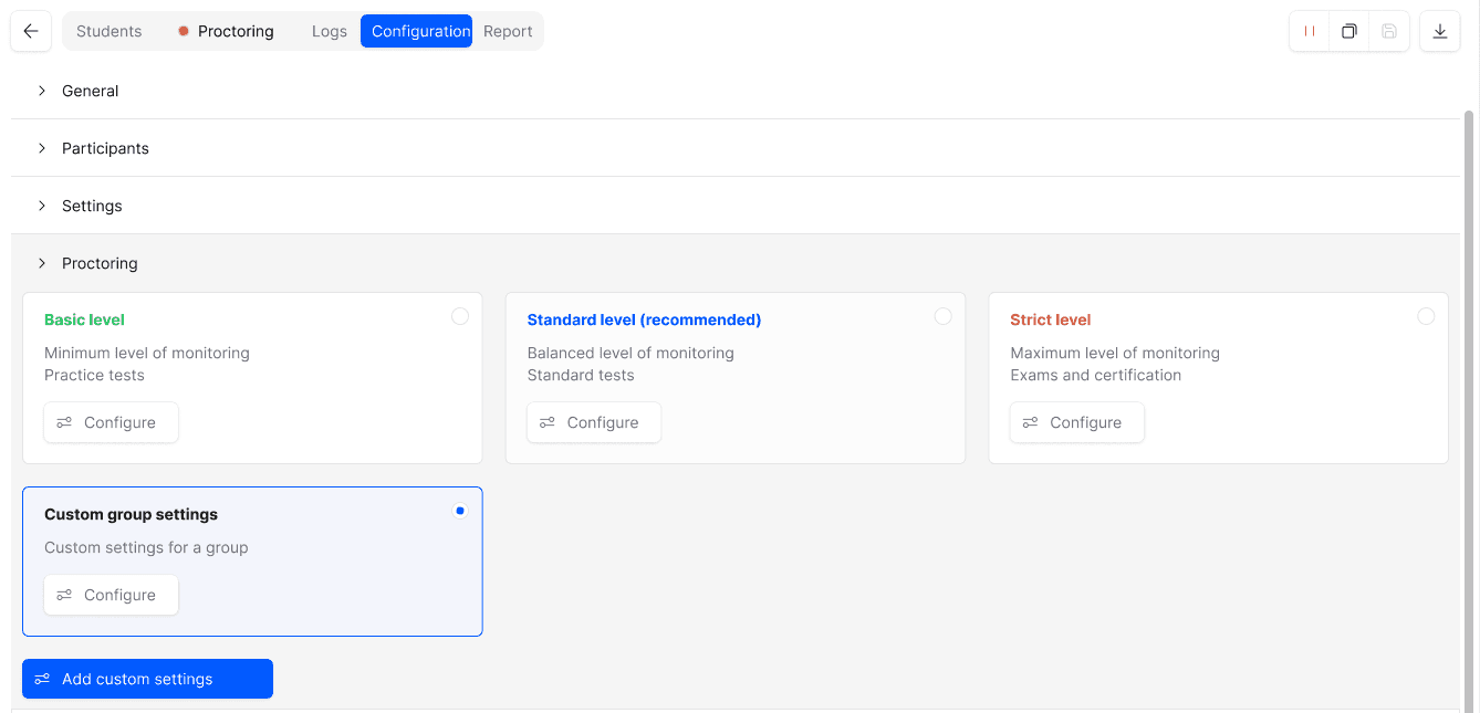 Illustrative TrustExam interface: proctoring settings