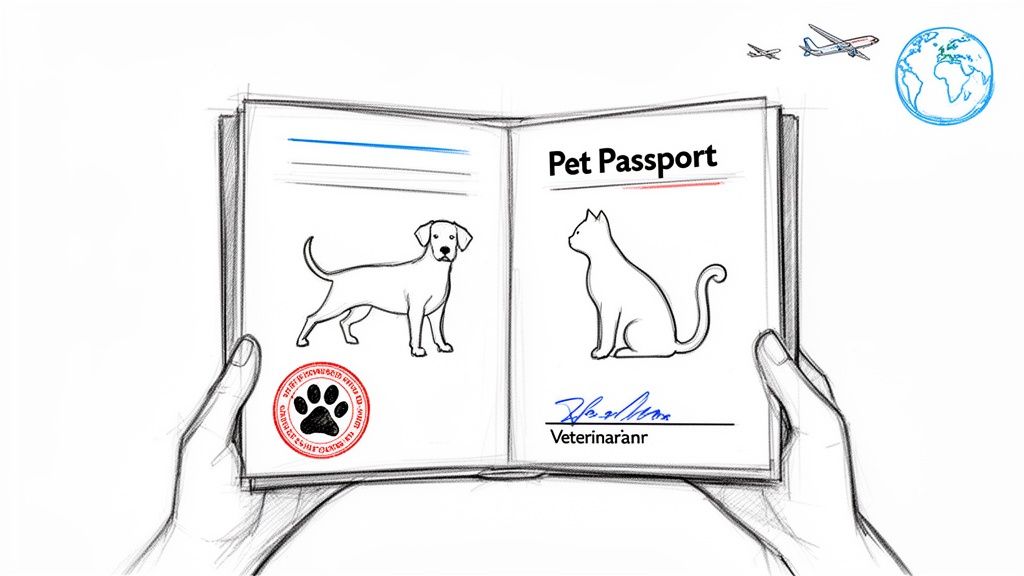 Hands hold an open pet passport displaying a dog, a cat, and a veterinarian's signature for international travel.