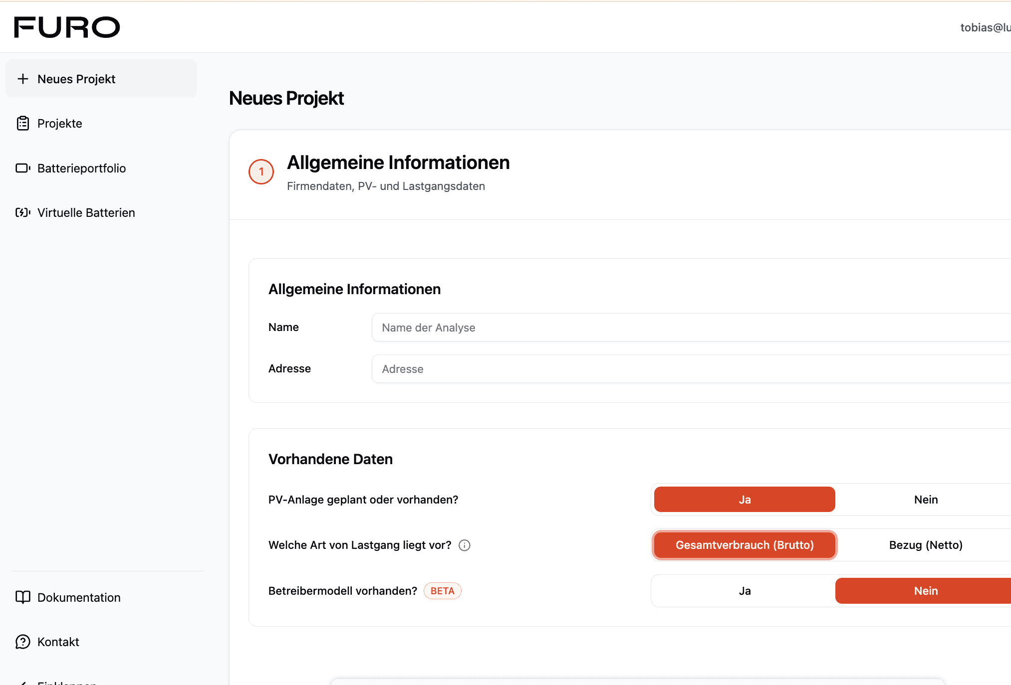 Eingabemaske für Speicherauslegung