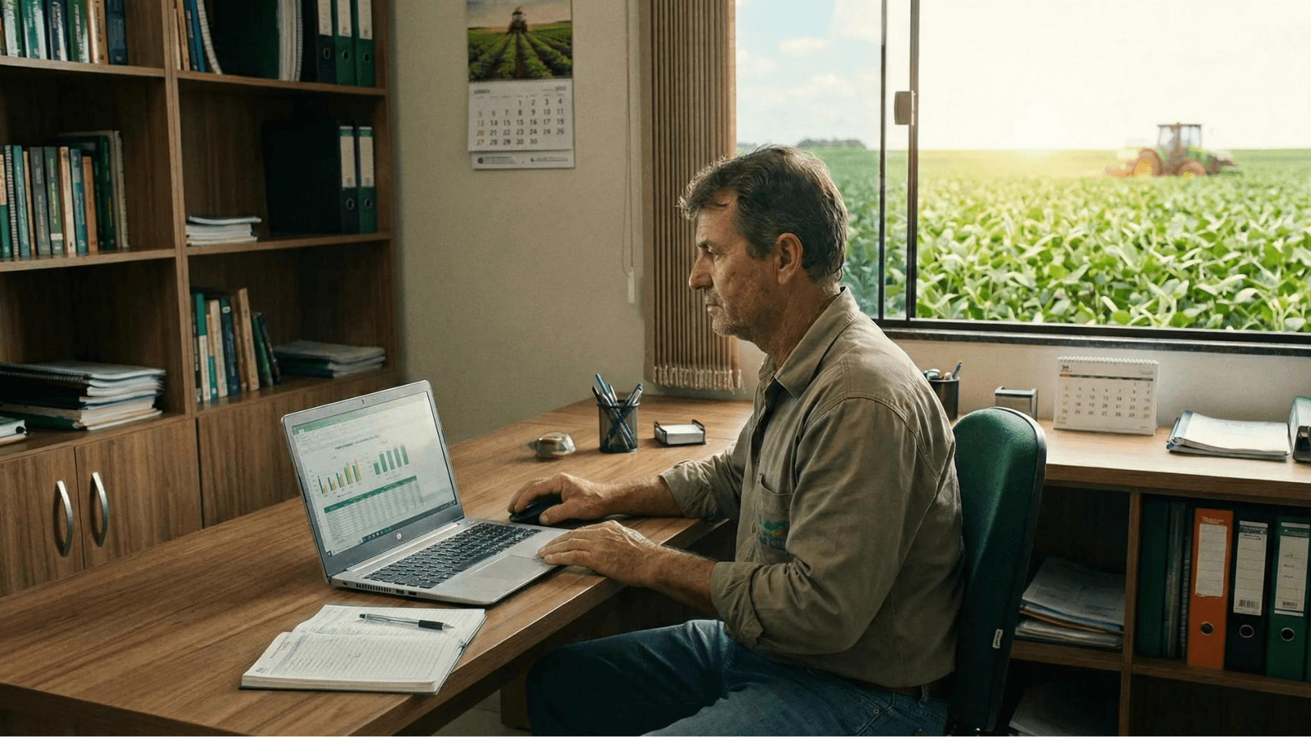 Um produtor rural em um escritório na fazenda, observando dados em um monitor ou planilha, com uma janela ao fundo mostrando a lavoura verde e saudável. 
