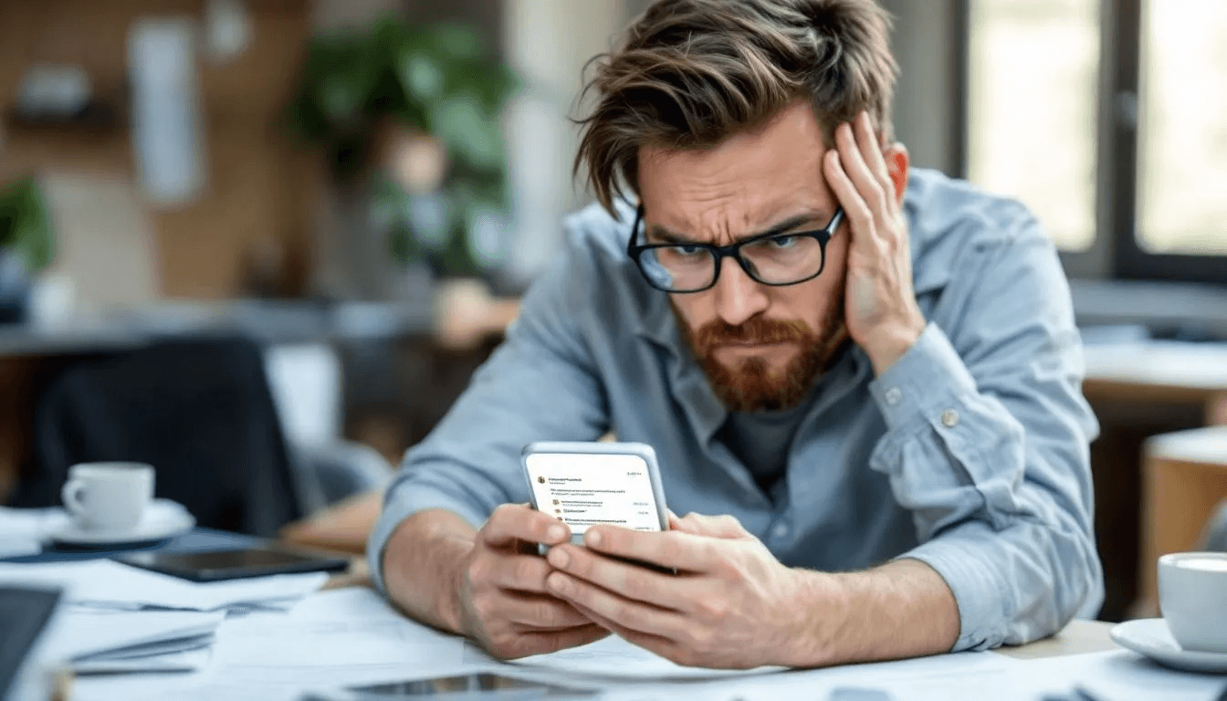 A person appears stressed while staring at their phone, which displays multiple notification alerts, suggesting a sense of overwhelming exposure to information. The scene captures the common struggle of managing digital notifications in today's internet-driven world.