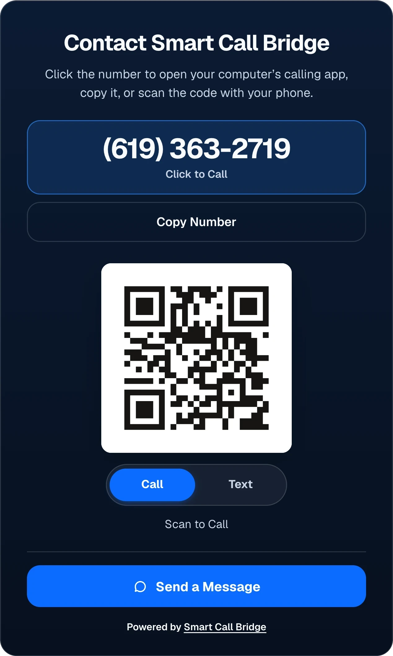 Stacked layout of the Smart Call Bridge contact window: the heading, a Click to Call number, Copy Number, a QR code with a Call and Text switch, and Send a Message.