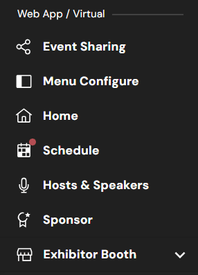 Event web app features includes menu configure, sharing, schedule, hosts, speakers, sponsors, exhbitor, booth
