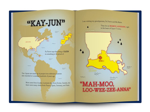 An open book displays a map of Louisiana with yellow regions representing Cajun territories and a red star marking Mamou. The title “KAY-JUN” appears at the top left. Text below the map reads: “I am visiting my grandparents, Pa Pierre and Ma Marie. They live in MAMOU, LOUISIANA, right in the heart of Cajun Country.” The book’s title, “MAH-MOO, LOO-WEE-ZEE-ANNA,” is at the bottom right.