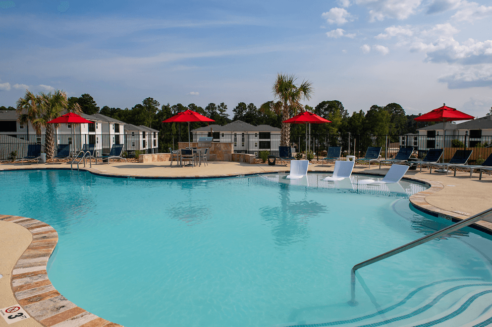 Resort-style pool at The Preserve at Tech apartment community.