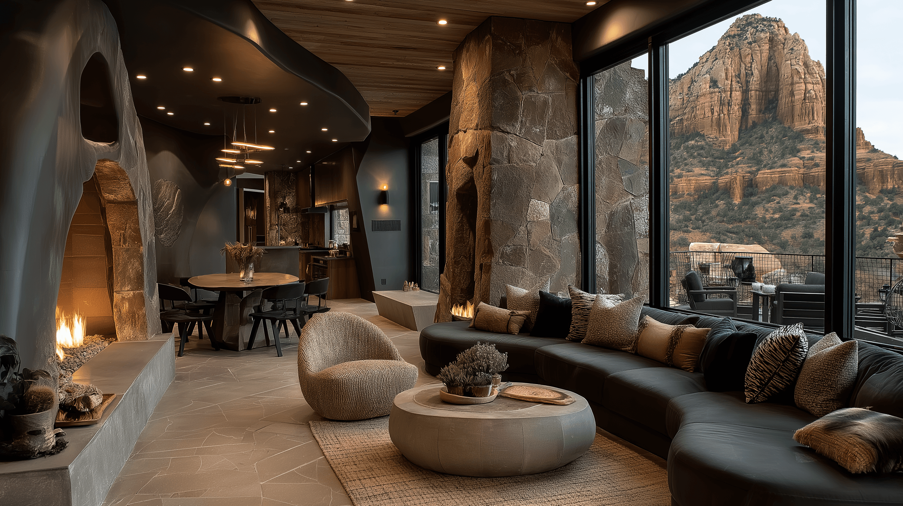 Unique luxury living room featuring organic architecture, a sculpted cave-like stone fireplace, curved dark grey seating, and large windows overlooking the desert landscape.