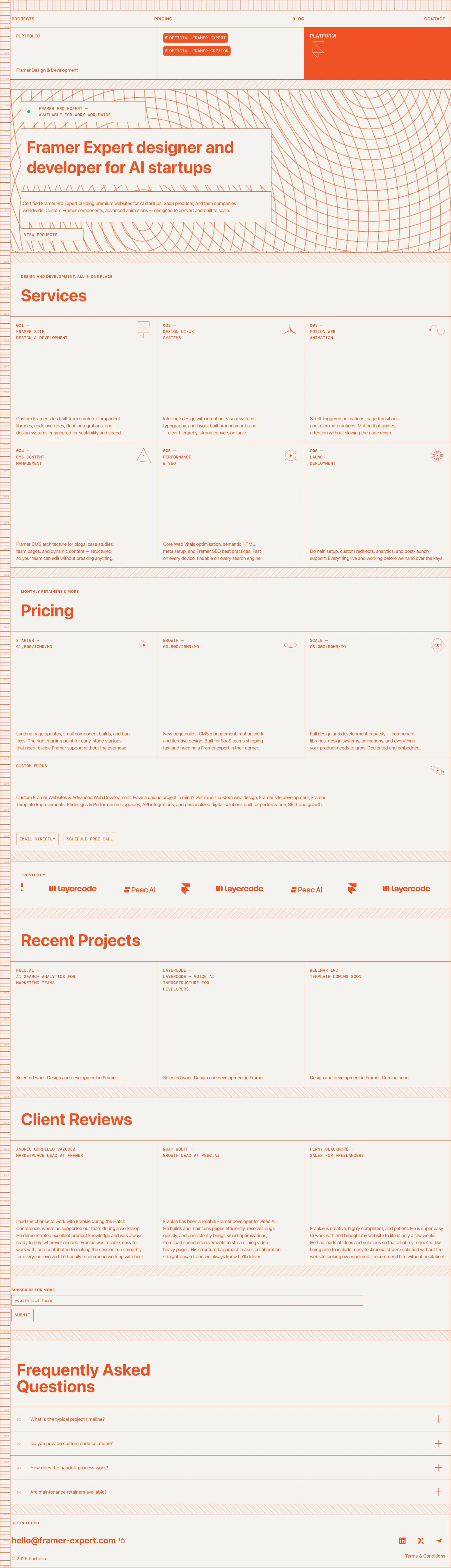 Francisc Toth · Framer Expert for High-C portfolio page screenshot showcasing Design and Tech design