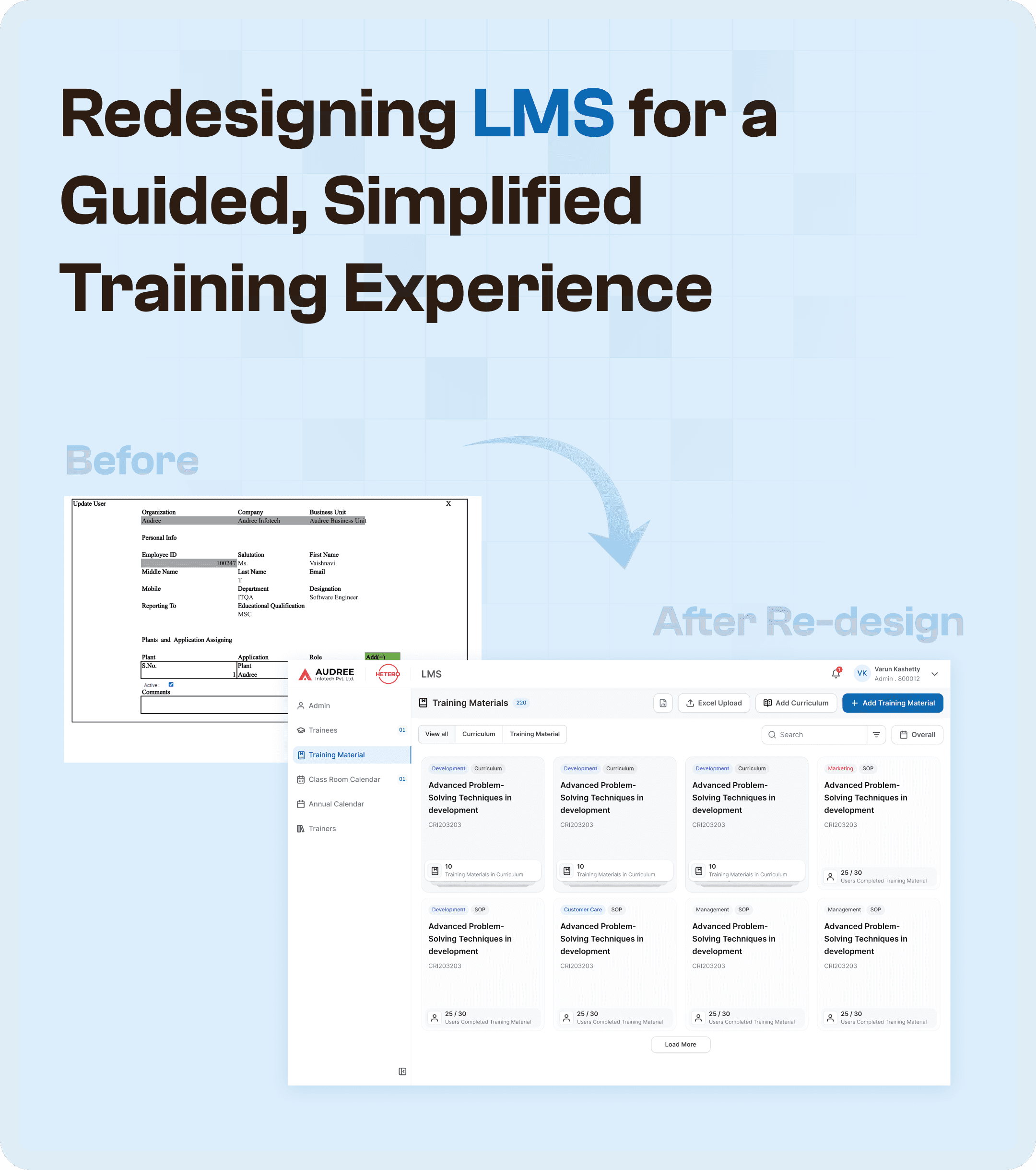 LMS software old and new redesign screens