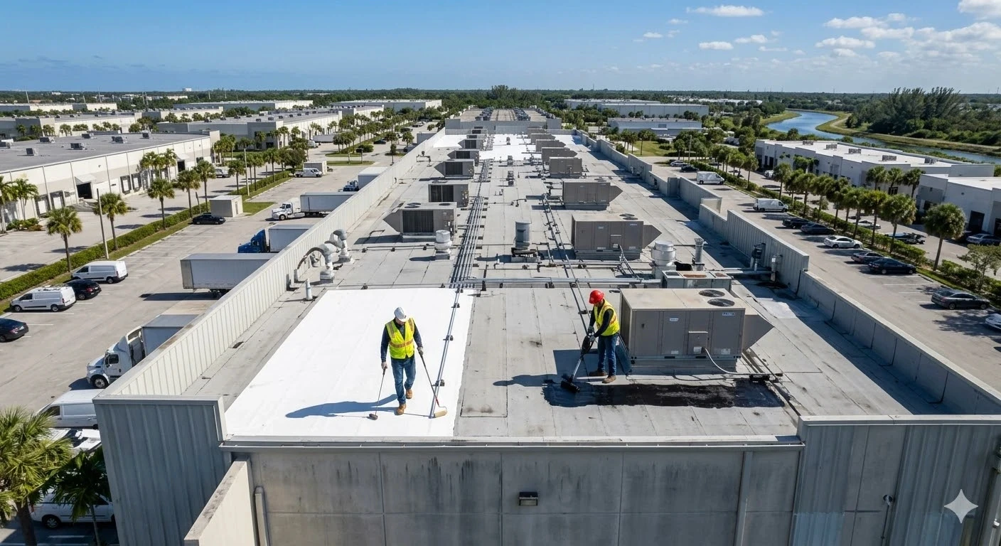 Commercial flat roof repair South Florida — Roofing Network technician repairing EPDM membrane on commercial building rooftop
