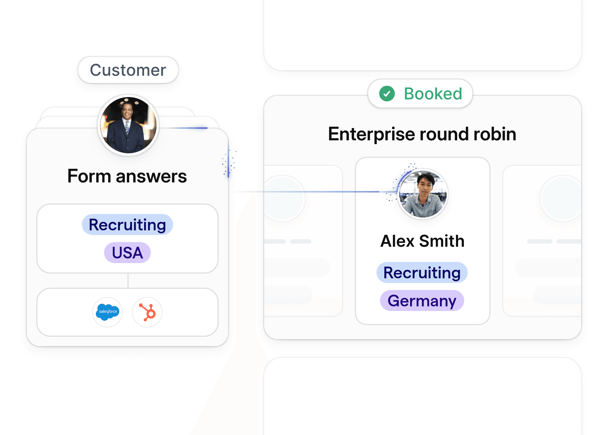 A booking interface for campus recruiting, displaying candidate form responses and their assigned recruiter or interviewer.
