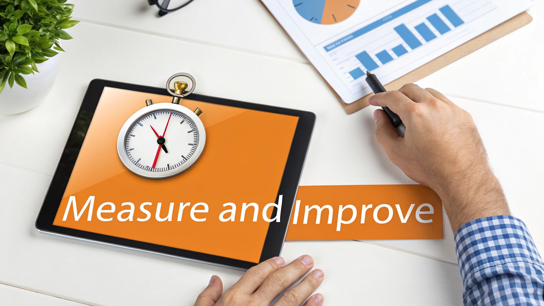 Person analyzing performance metrics on tablet with stopwatch icon and measure and improve text