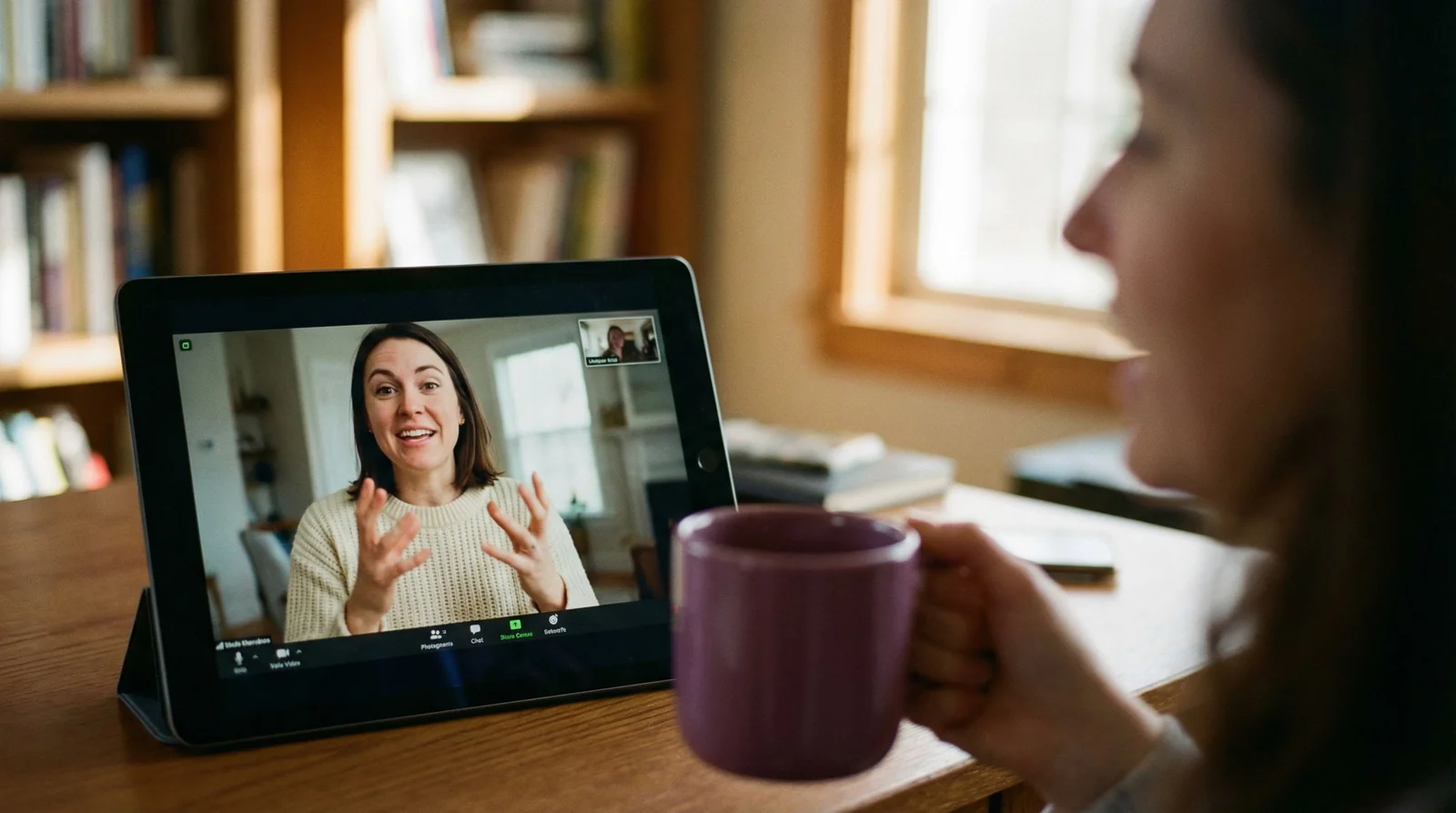 Person on video call with engaged expression, laptop screen showing conversation in progress, productive home office setup