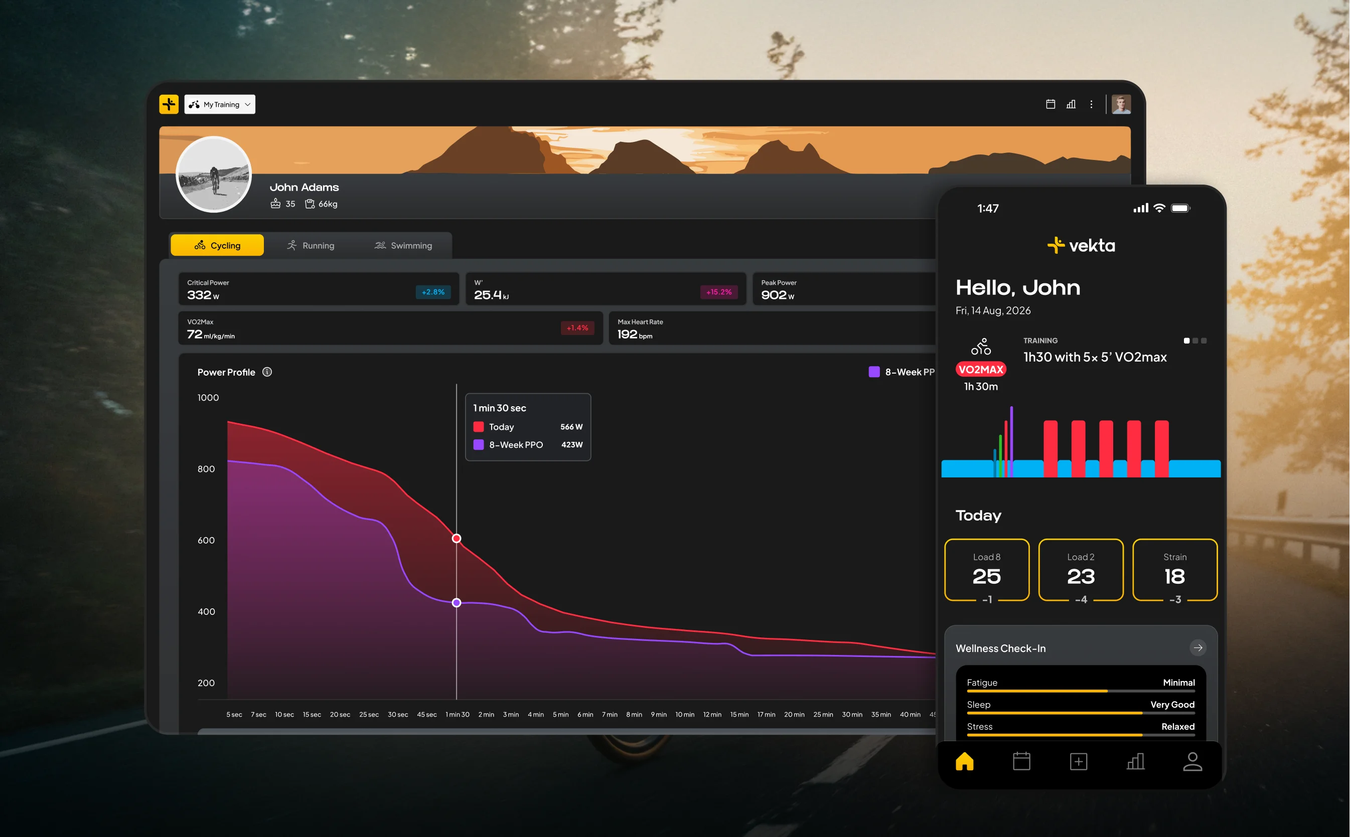 The Vekta platform on desktop and mobile, showing an athlete's power profile, Load-8, Load-2 and Strain