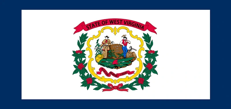 The West Virginia state flag features a white background with a blue border. At the center is the state emblem, featuring a farmer and a miner, surrounded by green leaves and red rhododendrons, which convey pride and heritage.
