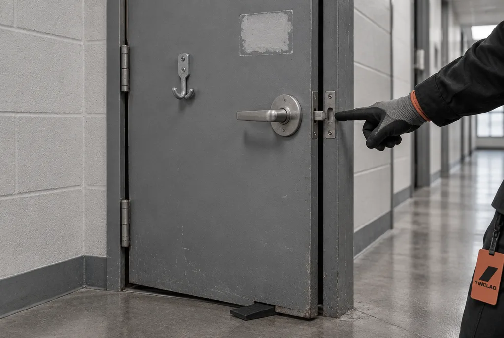 Common fire door failures: wedge, painted label, unlatched door.