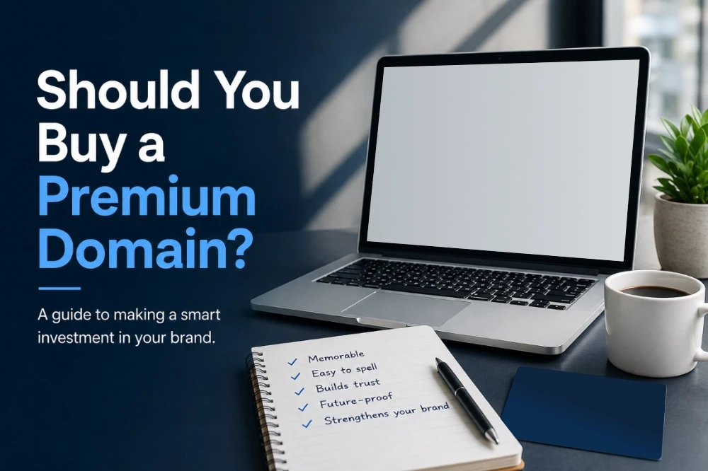 Modern workspace with a laptop displaying a domain search, a notebook listing the qualities of a memorable domain name, and the headline "Should You Buy a Premium Domain?" illustrating the importance of choosing the right domain for long-term branding and business growth.