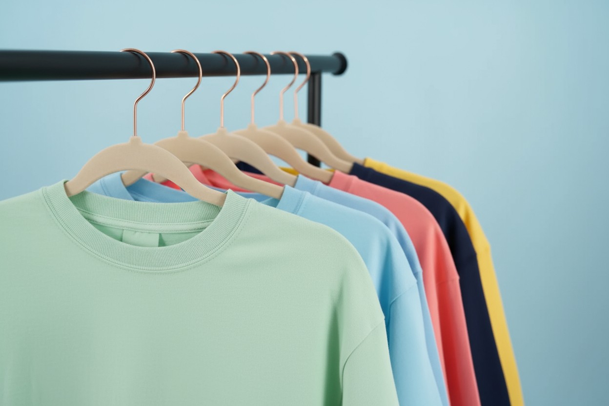Kleiderstange mit verschieden farbigen T-Shirts